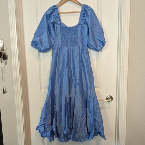Hutch Anthropologie Blue Midi Dress XS Ruffle Hem-Twist-Front Puff-Sleeve  NWT